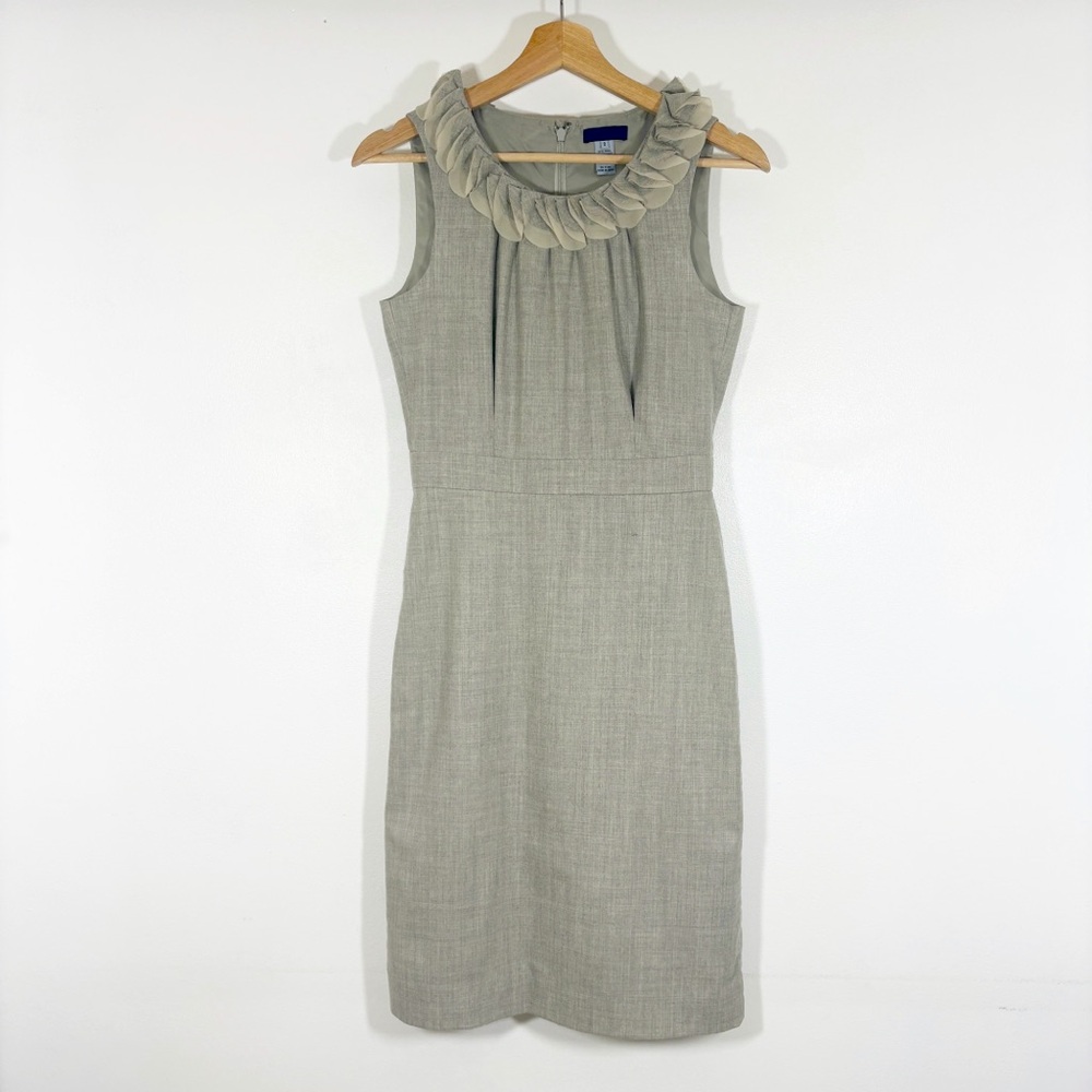 J Crew Wool Suiting Dress Sleeveless Sheath Midi Ruffle Neck Taupe Sz 2